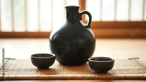 Traditional black ceramic jug and cups on a bamboo mat, minimalist style. event programs, museum guides, designed for cultural heritage projects and event programs.