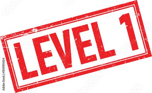 Red Distressed Rubber Stamp of Level 1 with Grunge Border on White