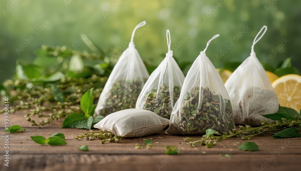 Naklejka premium Herbal tea bags with green tea and fresh lemon balm leaves, blank area, relaxing beverage for sleep and stress relief