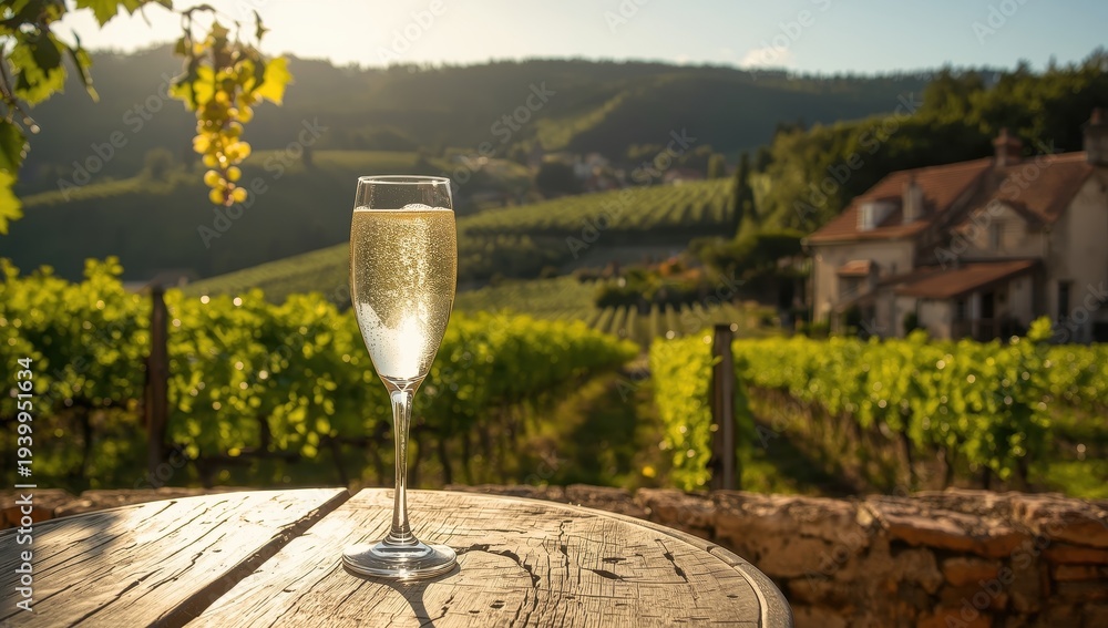 Fototapeta premium Sipping bubbly white wine in the lush hills of Urville, Cote des Bar, France during summer