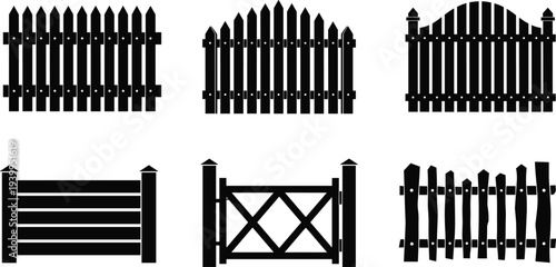 Large collection of black wooden fence silhouettes garden gate icons and directional road signs isolated on white background for landscape design architecture construction and rural boundary