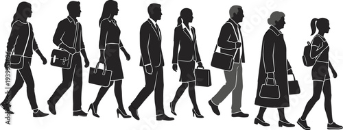 Black silhouette of a diverse group of business professionals and people walking with bags and briefcases representing daily commute urban lifestyle and workforce diversity