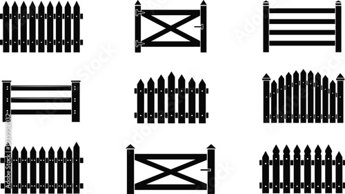 Large collection of black wooden fence silhouettes garden gate icons and directional signposts isolated on white background for landscape design architecture construction and farm boundaries