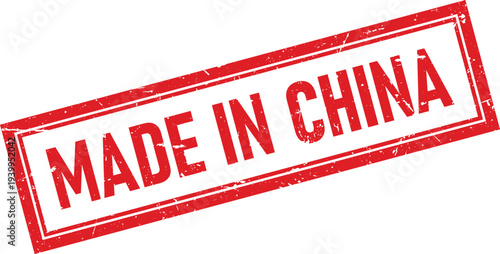 Red Distressed Rectangle Rubber Stamp with Made in China Text Impression