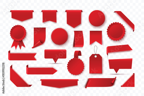 Glossy red promotional labels and sale banners for e-commerce and retail marketing campaigns