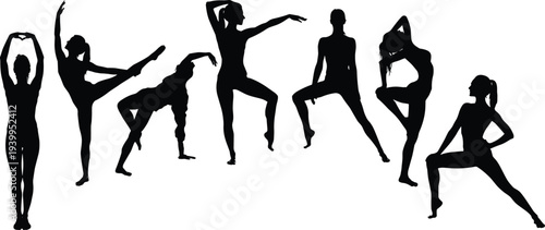 Black silhouette of a happy active family with jumping mother walking father little child and pet dog isolated on white background for lifestyle concept