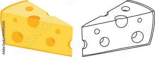 Cartoon style cheese wedge illustration with both color and outline versions perfect for food-related designs menus or educational materials