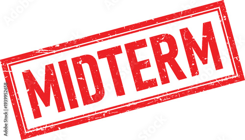 Red Distressed Rubber Stamp Impression of the Word Midterm on White