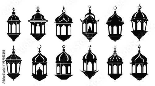 black silhouette ramadan lantern set icons design