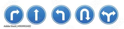 collection of five circular road signs each with a blue