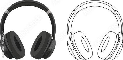 Set of modern over-ear headphones presented in flat design and outline vector styles perfect for audio technology and music applications isolated on white background