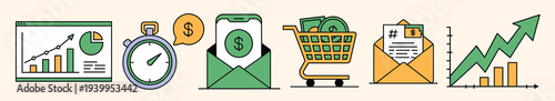  collection of financial themed icons depicting growth 