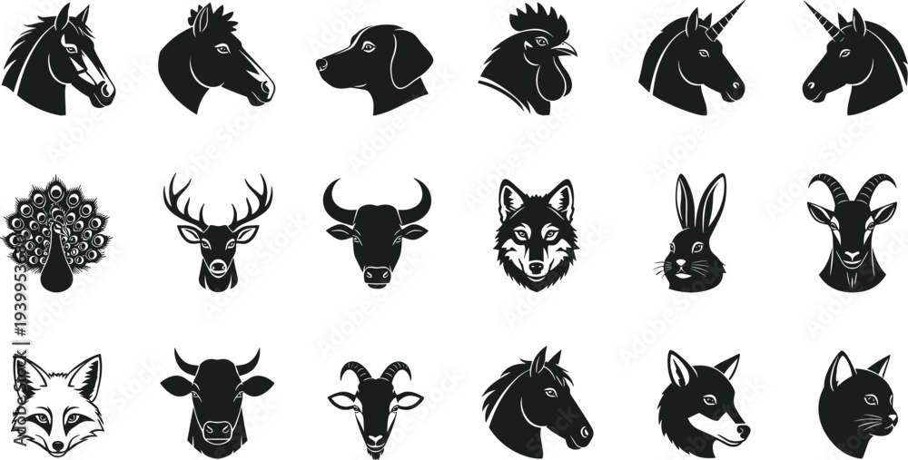 Fototapeta premium Animal head silhouette, horse, dog, rooster, unicorn, peacock, deer, bull, fox, goat, rabbit, wildlife icons, vector illustration collection