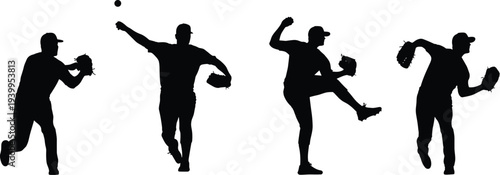 Baseball player silhouettes in sequential throwing poses, pitching motion with cap and glove for sports vector illustration and design projects
