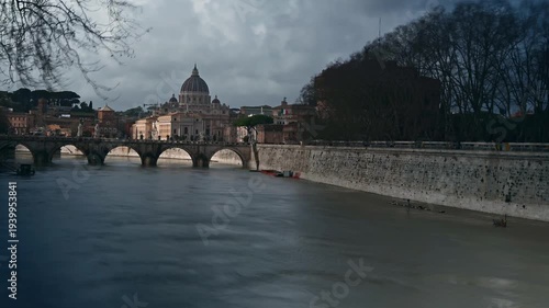 Time lapse of St. Peter's Basilica, Sant Angelo Bridge, Vatican, Rome, Italy 4K