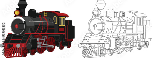 Detailed vintage steam locomotive vector illustration featuring both a vibrant colored version and a clean outline drawing ideal for transportation history or childrens educational content