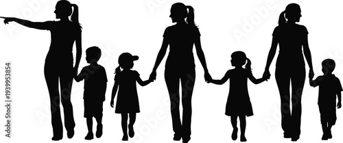 Black silhouettes of adults and children holding hands, family unity concept, vector illustration showing guidance, care, and togetherness in design