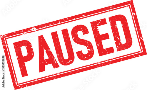 Red Paused Text Distressed Rubber Stamp with Rectangular Frame on White Background