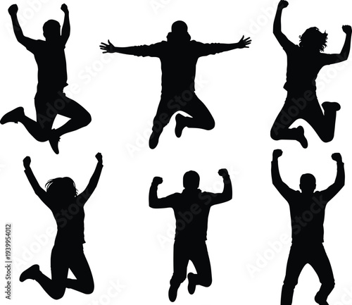 Celebration silhouettes of people jumping and cheering, triumphant poses with raised arms expressing joy, excitement, and achievement for vector design projects