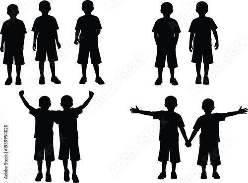 Children silhouette vector illustration pairs, standing holding hands celebrating playful poses, friendship interaction artwork, human relationship design elements