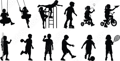 Children silhouettes playing sports and recreational activities, vector illustration of kids swinging, skating, climbing, ball games, playful design concept