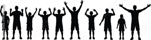 Children silhouettes standing in a row with raised arms, diverse postures vector illustration, youth group activity and expression design