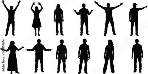 Collection of twelve human silhouettes in various poses, gesture recognition concept, body language study, male and female figures illustration