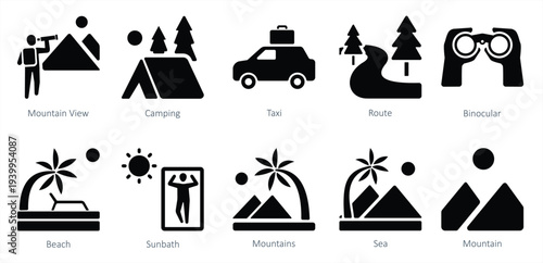 set of travel and vacation icons as taxi route binocular