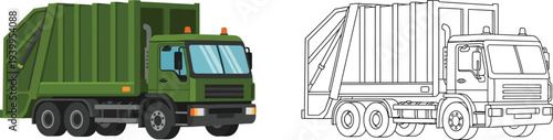 Green garbage truck and its outline version a detailed vector illustration for waste management concepts isolated on a white background