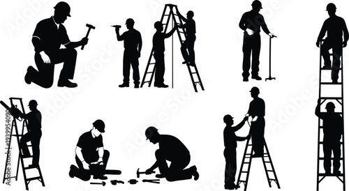 Construction worker silhouettes performing tasks with ladders, tools, teamwork, repair and maintenance activities for vector illustration and design projects