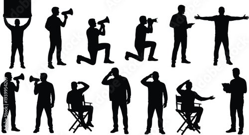 Director silhouettes collection featuring expressive poses with megaphone, clipboard, chair, gestures, and communication actions for vector illustration projects