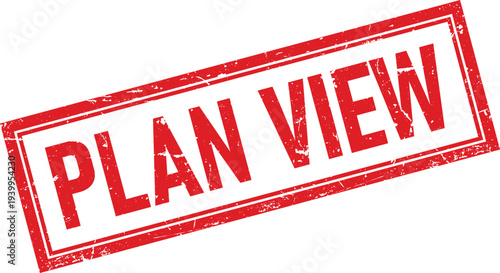 Red Distressed Rubber Stamp Impression with PLAN VIEW Text in Rectangular Frame