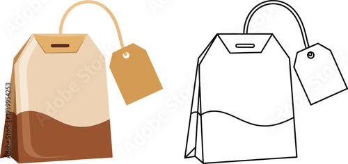 Minimalist tea bag vector illustration with a blank tag featuring both color and outline versions ideal for drink menus packaging and web design