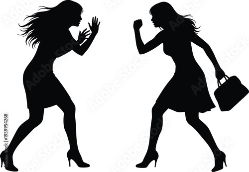 Black silhouette of two angry women in a heated argument or physical confrontation with aggressive gestures and defensive postures isolated on white background vector