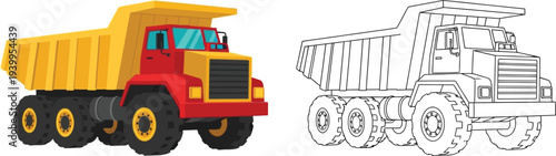 Colorful cartoon dump truck and its black outline version perfect for childrens coloring books educational materials or construction-themed designs