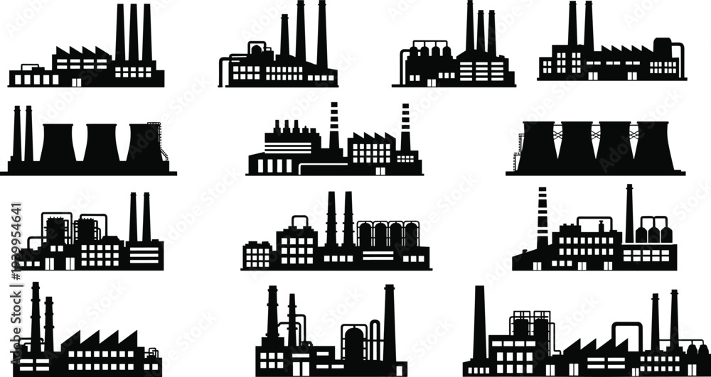 Fototapeta premium Industrial factory, refinery, power station, cooling tower, smokestack, energy infrastructure, manufacturing building, heavy industry, silhouette vector illustration icons collection