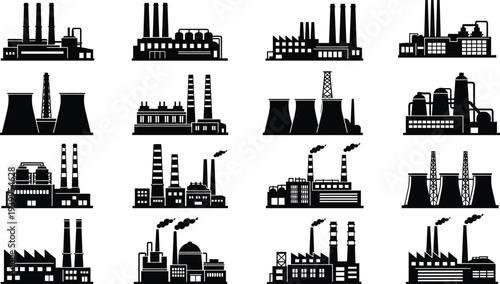 Industrial factory, refinery, power plant, cooling tower, smokestack, energy production, manufacturing building, infrastructure silhouette vector illustration icons collection