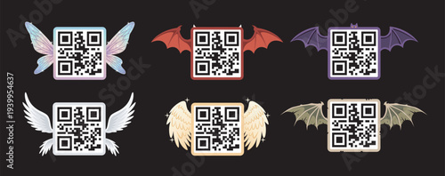 set of fantasy winged creature QR code frame templates. Mockups for a horror Halloween theme.