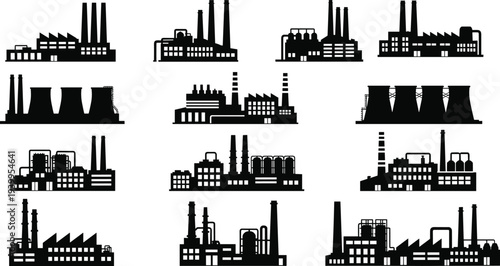 Industrial factory, refinery, power station, cooling tower, smokestack, energy infrastructure, manufacturing building, heavy industry, silhouette vector illustration icons collection