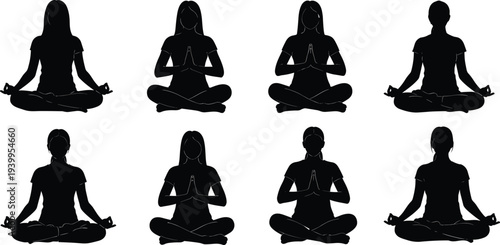 Meditation silhouettes of individuals in seated yoga poses, mindfulness practice with prayer and mudra gestures for vector illustration design projects
