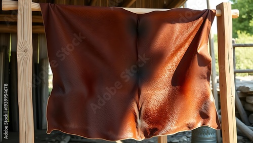 A brown cowhide stretched on a wooden frame, drying in sunlight. wildlife magazines, conservation campaigns, designed for wildlife conservation campaigns, used by radiologists.