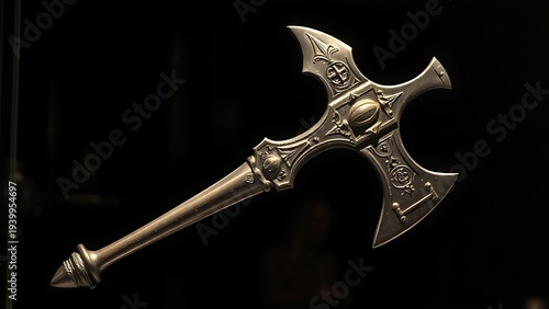 A medieval halberd with axe blade and spear point, displayed in museum lighting. event programs, museum guides, designed for cultural heritage projects and event programs.