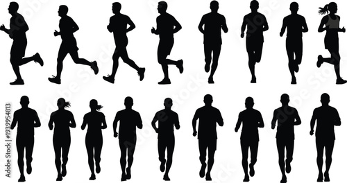 Running silhouette vector illustration collection, athletic motion poses, fitness jogging stride stages, dynamic sports training artwork, human exercise movement design