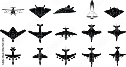 Silhouette illustrations of diverse aircraft including military jets, bombers, and space shuttle, vector aviation design concept and aerospace representation