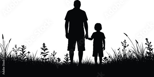 Silhouette of adult and child holding hands outdoors, family bond concept, parenting guidance, nature scene, grassy plants illustration