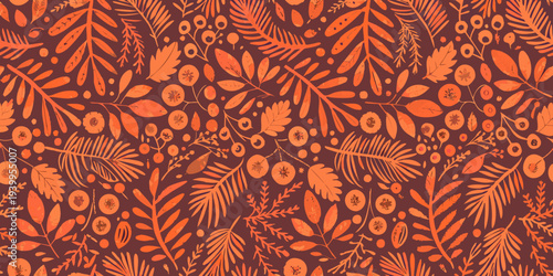 Autumnal botanical pattern with leaves berries and branches in warm tones