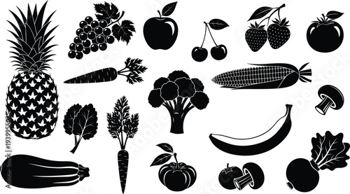 Silhouette vector illustration of assorted fruits and vegetables, pineapple, grapes, apple, corn, pumpkin, broccoli, minimal design, healthy food artwork