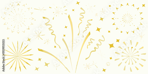 Golden fireworks stars and ribbons create a celebratory background
