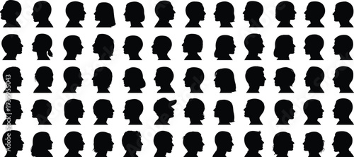 Silhouette vector illustration of diverse human head profiles in grid, varied hairstyles, orientations, individuality concept, minimal design, psychological artwork