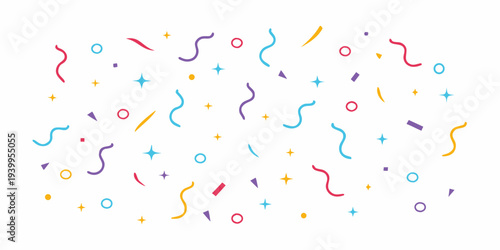 Colorful confetti and streamers scattered against a white background